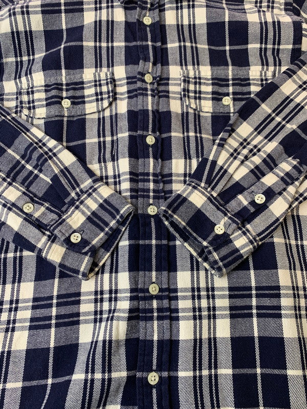 【中古品】【メンズ】 RALPH LAUREN ラルフローレン ELBOW PATCH L S CHECK SHIRT レギュラー カラー シャツ チェック柄 エルボーパッチ 長袖シャツ 146-250128-em-21-min サイズ：L カラー：ネイビー/ホワイト 万代Net店