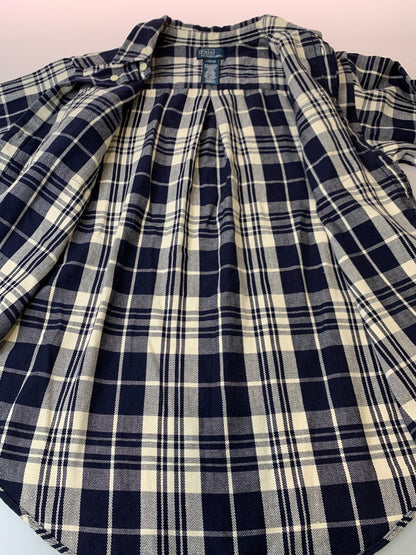 【中古品】【メンズ】 RALPH LAUREN ラルフローレン ELBOW PATCH L S CHECK SHIRT レギュラー カラー シャツ チェック柄 エルボーパッチ 長袖シャツ 146-250128-em-21-min サイズ：L カラー：ネイビー/ホワイト 万代Net店