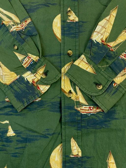 【中古品】【メンズ】 NAUTICA ノーティカ YACHT ALL OVER GRAPHIC SHIRT ヨット オールオーバー グラフィック プリント シャツ 長袖トップス 146-250221-me-16-min サイズ：XL カラー：グリーン系 万代Net店