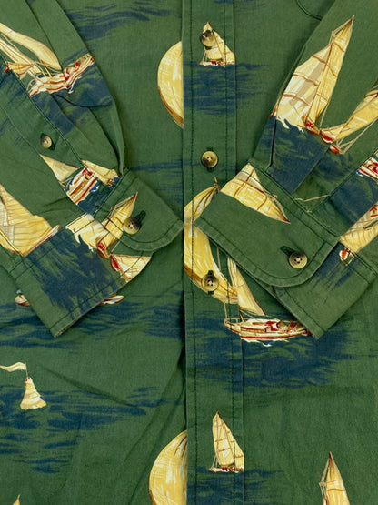 【中古品】【メンズ】 NAUTICA ノーティカ YACHT ALL OVER GRAPHIC SHIRT ヨット オールオーバー グラフィック プリント シャツ 長袖トップス 146-250221-me-16-min サイズ：XL カラー：グリーン系 万代Net店