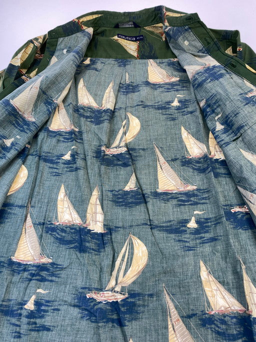 【中古品】【メンズ】 NAUTICA ノーティカ YACHT ALL OVER GRAPHIC SHIRT ヨット オールオーバー グラフィック プリント シャツ 長袖トップス 146-250221-me-16-min サイズ：XL カラー：グリーン系 万代Net店