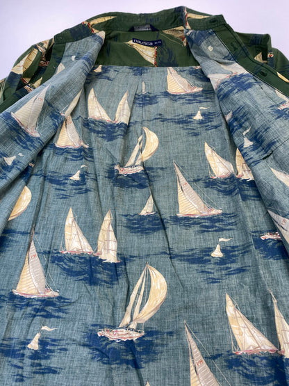 【中古品】【メンズ】 NAUTICA ノーティカ YACHT ALL OVER GRAPHIC SHIRT ヨット オールオーバー グラフィック プリント シャツ 長袖トップス 146-250221-me-16-min サイズ：XL カラー：グリーン系 万代Net店