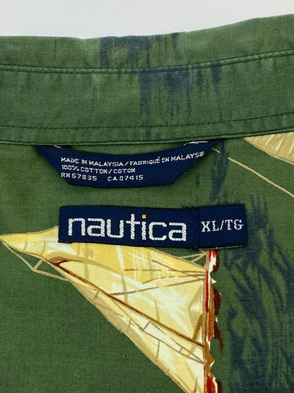 【中古品】【メンズ】 NAUTICA ノーティカ YACHT ALL OVER GRAPHIC SHIRT ヨット オールオーバー グラフィック プリント シャツ 長袖トップス 146-250221-me-16-min サイズ：XL カラー：グリーン系 万代Net店