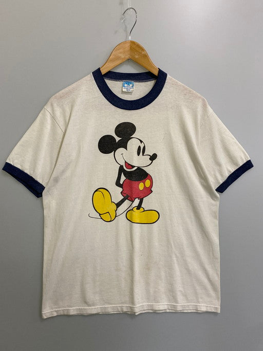 【現状渡し品】【メンズ】  DISNEY ディズニー 80'S RINGER TEE "MICKEY MOUSE " 半袖 ショートスリーブ 146-250225-AS-38-min サイズ：L カラー：ホワイト/ネイビー 万代Net店