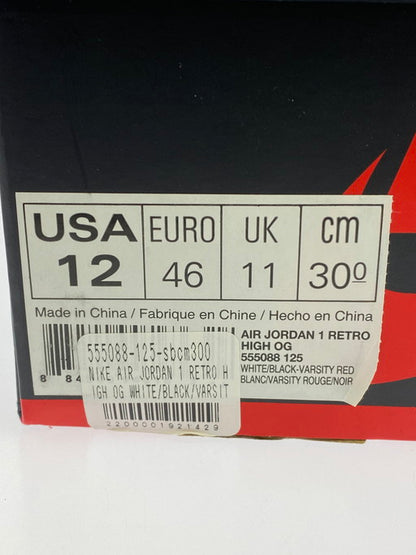 【中古品】【メンズ】 NIKE ナイキ 555088-125 AIR JORDAN 1 RETRO HIGH OG BLACK TOE エア ジョーダン 1 レトロ ハイ スニーカー シューズ 靴 160-250307-me-09-min サイズ：30.0cm US12 カラー：WHITE/BLACK-VARSITY RED 万代Net店