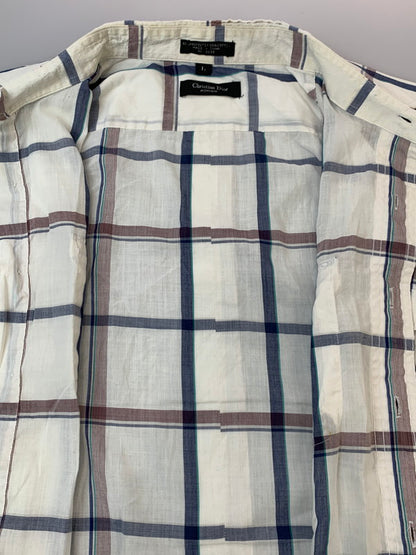 【中古品】【メンズ】 CHRISTIAN DIOR クリスチャンディオール LS SHIRT ロングスリーブシャツ チェックシャツ 長袖シャツ 146-260611-kt-01-min サイズ：L カラー：ホワイト系 万代Net店