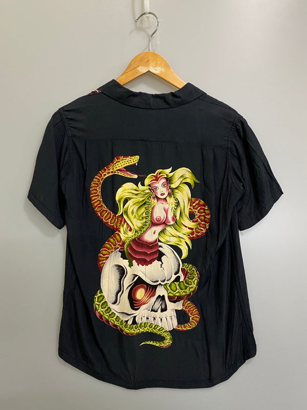 【中古品】【メンズ】 HYSTERIC GLAMOUR ヒステリックグラマー ALOHA SHIRT 初期 アロハシャツ ショートスリーブシャツ 半袖シャツ トップス 140-260709-yn-03-min サイズ：FREE カラー：ブラック 万代Net店
