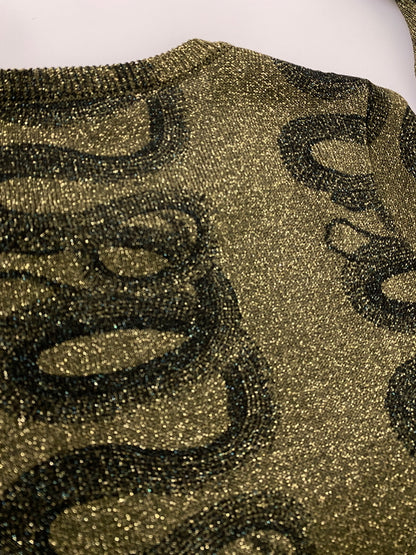 【中古品】【メンズ】 HYSTERIC GLAMOUR ヒステリックグラマー 90's SNAKE L/S TEE 90年代 スネーク ラメ ロングスリーブTシャツ トップス 140-260709-yn-02-min サイズ：FREE カラー：オリーブ系/ゴールドラメ 万代Net店