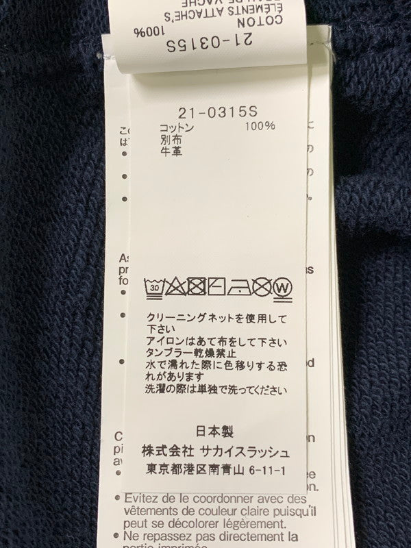 【中古品】【メンズ】 Sacai サカイ FRAGMENT DESIGN SWEAT HOODIE 21-0315S フラグメントデザイン ダメージ加工 スウェードアップリケ スウェット パーカー トップス 140-250602-yn-01-min サイズ：2 カラー：ネイビー 万代Net店