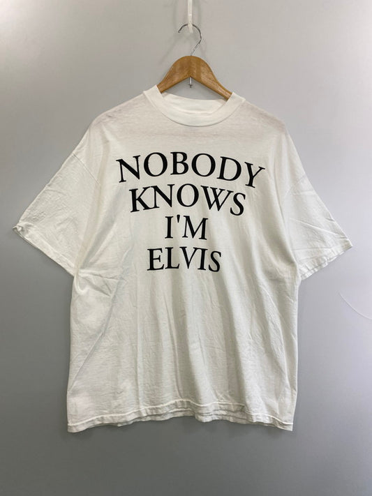 【中古品】【メンズ】 HANES ヘインズ 90S NOBODY KNOWS I'M ELVIS PRINT TEE Tシャツ トップス 146-250710-ks-38-min サイズ：XL カラー：ホワイト 万代Net店