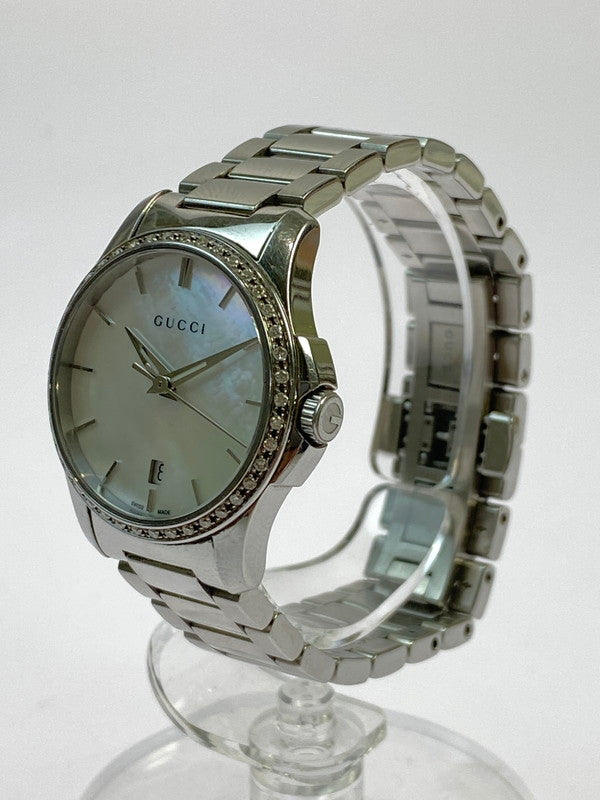 【中古品】【レディース】 GUCCI グッチ 126.5/Gタイムレス ダイヤベゼル ホワイトシェル デイトステンレスクオーツ 腕時計 197-250821-yn-18-min カラー：シルバー 万代Net店