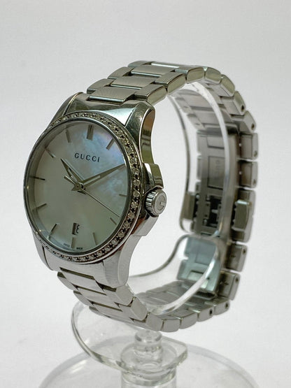 【中古品】【レディース】 GUCCI グッチ 126.5/Gタイムレス ダイヤベゼル ホワイトシェル デイトステンレスクオーツ 腕時計 197-250821-yn-18-min カラー：シルバー 万代Net店