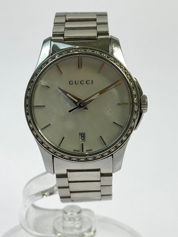 【中古品】【レディース】 GUCCI グッチ 126.5/Gタイムレス ダイヤベゼル ホワイトシェル デイトステンレスクオーツ 腕時計 197-250821-yn-18-min カラー：シルバー 万代Net店