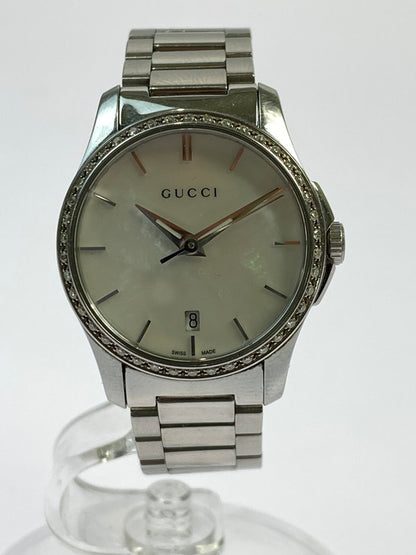 【中古品】【レディース】 GUCCI グッチ 126.5/Gタイムレス ダイヤベゼル ホワイトシェル デイトステンレスクオーツ 腕時計 197-250821-yn-18-min カラー：シルバー 万代Net店