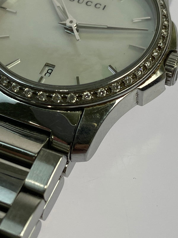 【中古品】【レディース】 GUCCI グッチ 126.5/Gタイムレス ダイヤベゼル ホワイトシェル デイトステンレスクオーツ 腕時計 197-250821-yn-18-min カラー：シルバー 万代Net店