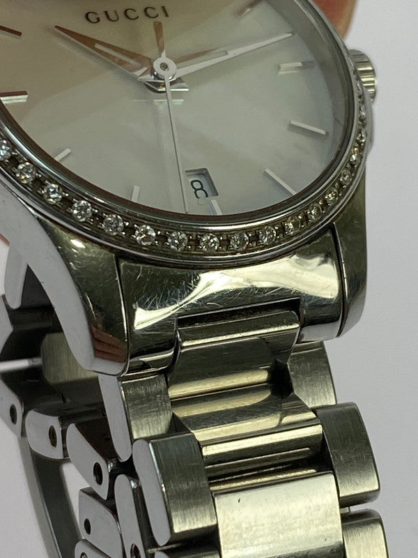【中古品】【レディース】 GUCCI グッチ 126.5/Gタイムレス ダイヤベゼル ホワイトシェル デイトステンレスクオーツ 腕時計 197-250821-yn-18-min カラー：シルバー 万代Net店