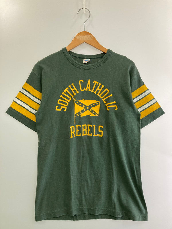 【中古品】【メンズ】 Champion チャンピオン 70'S FOOTBALL TEE SOUTH CATHOLIC ショートスリーブ 146-250729-AS-4-min サイズ：L カラー：グリーン/イエロー 万代Net店