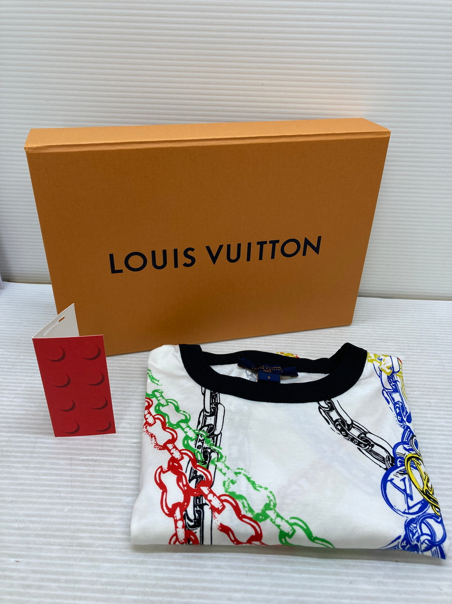【中古品】【メンズ/レディース】 LOUIS VUITTON ルイ・ヴィトン S/S TEE RW212W FO8 FLTS20 マルチカラーチェーンプリントTシャツ 半袖Tシャツ トップス 168-250808-yn-14-min サイズ：S カラー：ホワイト 万代Net店