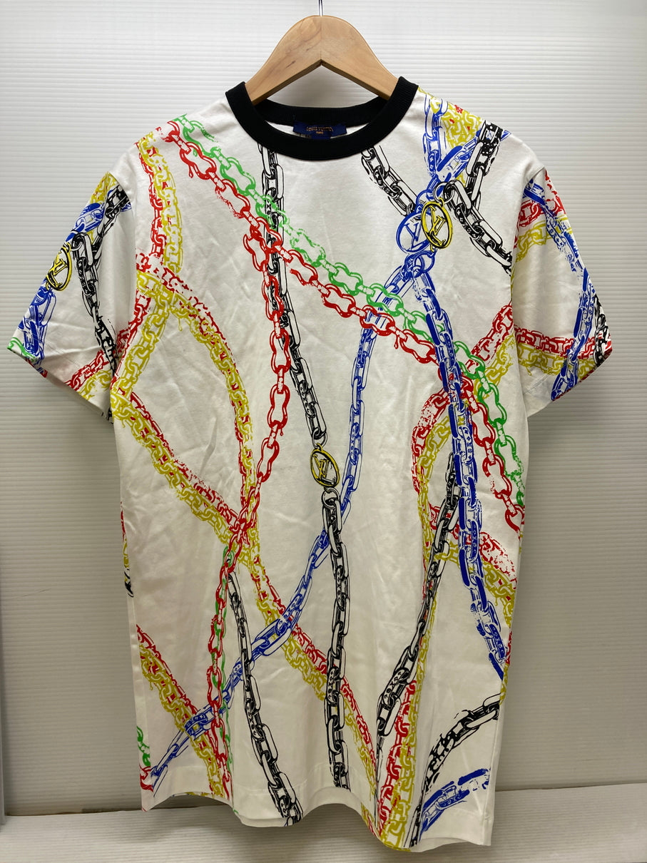 【中古品】【メンズ/レディース】 LOUIS VUITTON ルイ・ヴィトン S/S TEE RW212W FO8 FLTS20 マルチカラーチェーンプリントTシャツ 半袖Tシャツ トップス 168-250808-yn-14-min サイズ：S カラー：ホワイト 万代Net店