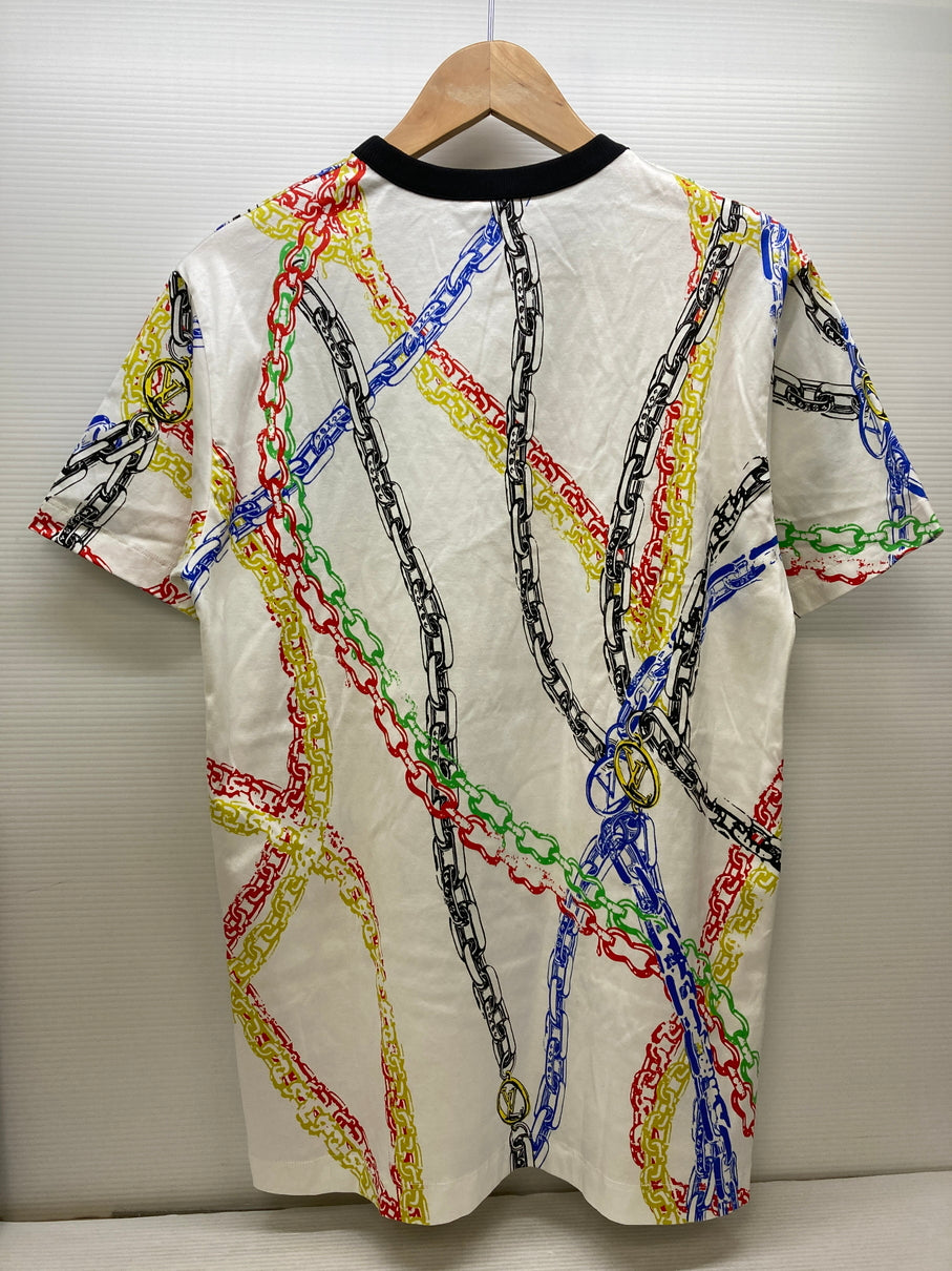 【中古品】【メンズ/レディース】 LOUIS VUITTON ルイ・ヴィトン S/S TEE RW212W FO8 FLTS20 マルチカラーチェーンプリントTシャツ 半袖Tシャツ トップス 168-250808-yn-14-min サイズ：S カラー：ホワイト 万代Net店