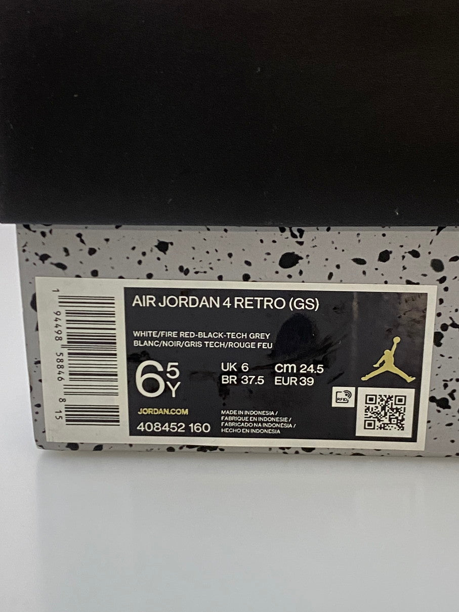 【中古品】【レディース】 NIKE ナイキ AIR JORDAN 4 RETRO (GS) 408452-160 エア ジョーダン 4 レトロ スニーカー 靴 166-250918-yn-08-min サイズ：24.5cm US6.5Y カラー：WHITE/FIRE RED-BLACK-TECH GREY 万代Net店