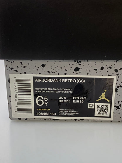 【中古品】【レディース】 NIKE ナイキ AIR JORDAN 4 RETRO (GS) 408452-160 エア ジョーダン 4 レトロ スニーカー 靴 166-250918-yn-08-min サイズ：24.5cm US6.5Y カラー：WHITE/FIRE RED-BLACK-TECH GREY 万代Net店