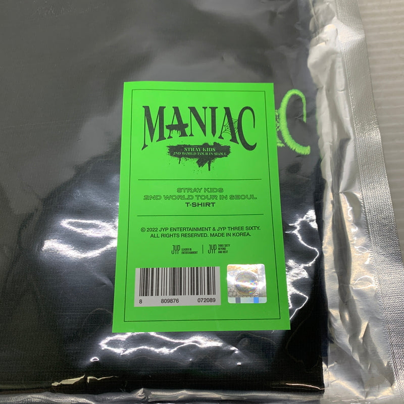 【未使用品】【メンズ/レディース】 StrayKids ストレイキッズ 2ND WORLD TOUR MANIAC in SEOUL T-SHIRT セカンド ワールドツアー マニアック ソウルコン ツアーTシャツ カード 087-251005-kk-02-min サイズ：F カラー：ブラック 万代Net店
