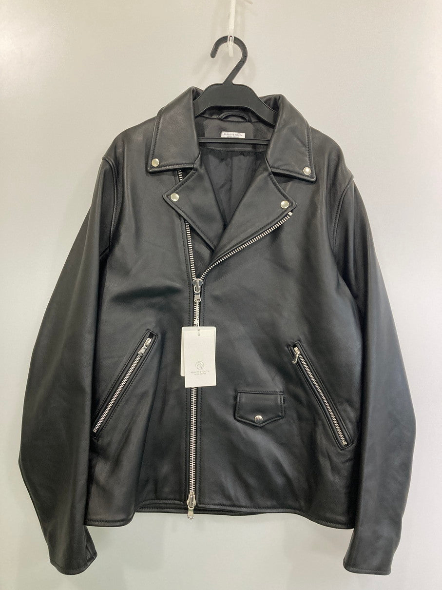 【中古品】【メンズ】 BEAUTY&YOUTH UNITED ARROWS ビューティ&ユース ユナイテッドアローズ ラム レザー ダブル ライダース ジャケット 1225-199-0027 メンズ アウター 羊革 147-250922-em-14-min サイズ：L カラー：ブラック 万代Net店