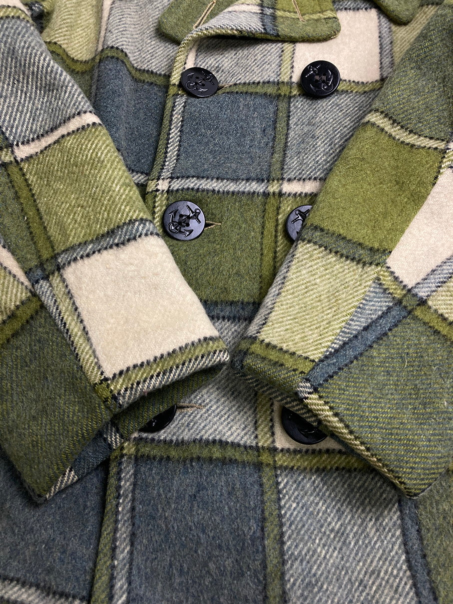 【中古品】【メンズ】 UNKNOWN 60-70S CHECK PEA COAT チェック コート アウター 146-251005-ks-07-min サイズ：不明 カラー：グリーン系 万代Net店