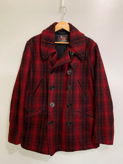 【中古品】【メンズ】 WOOLRICH ウールリッチ OMBRE CHECK P-COAT RED 114-12-1126 オンブレ チェック ピーコート メンズ アウター 144-251003-em-13-min サイズ：L カラー：レッド/ブラック 万代Net店