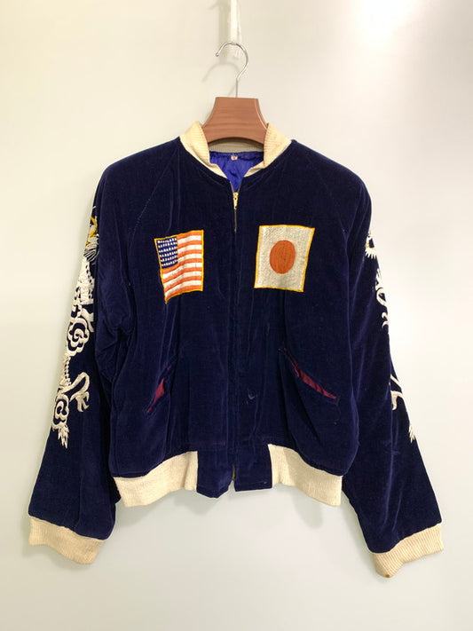 【現状渡し品】【メンズ】 UNKNOWN VINTAGE 50's REVERSIBLE SOUVENIR JACKET ヴィンテージ 50年代 リバーシブル スーベニアジャケット アウター スカジャン 国連加入 146-251007-kk-32-min サイズ：M カラー：ネイビー/ブルー 万代Net店