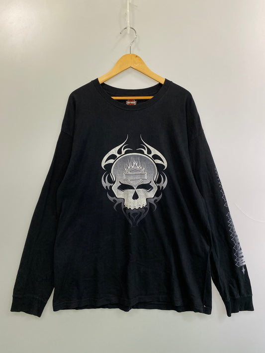 【中古品】【メンズ】 HARLEY DAVIDSON ハーレーダビッドソン 00's SKULL PRINT L/S TEE 00年代 スカルプリント ロングスリーブ Tシャツ 長袖 トップス 4面プリント 146-251011-kk-31-min サイズ：XL カラー：ブラック 万代Net店