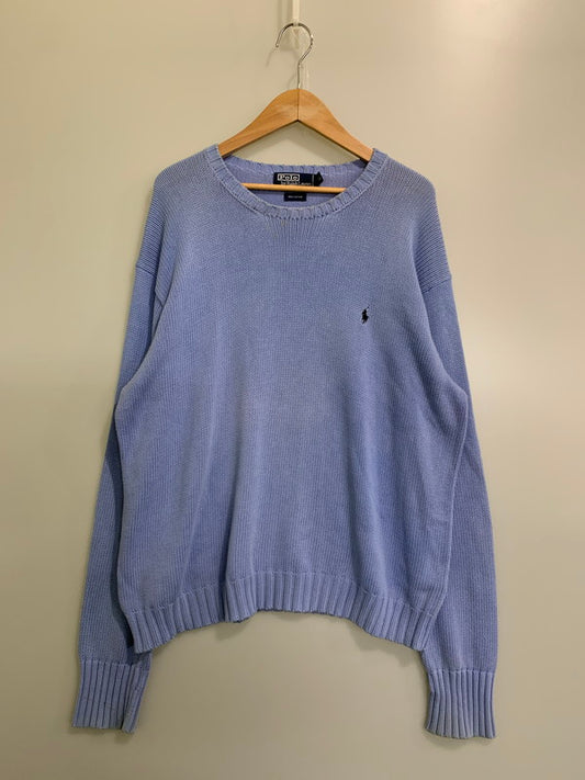 【現状渡し品】【メンズ】 Polo by Ralph Lauren ポロバイラルフローレン 90's LOGO CREW COTTON KNIT 90年代 ロゴ クルー コットンニット トップス 146-251027-kk-45-min サイズ：XL カラー：ライトブルー 万代Net店