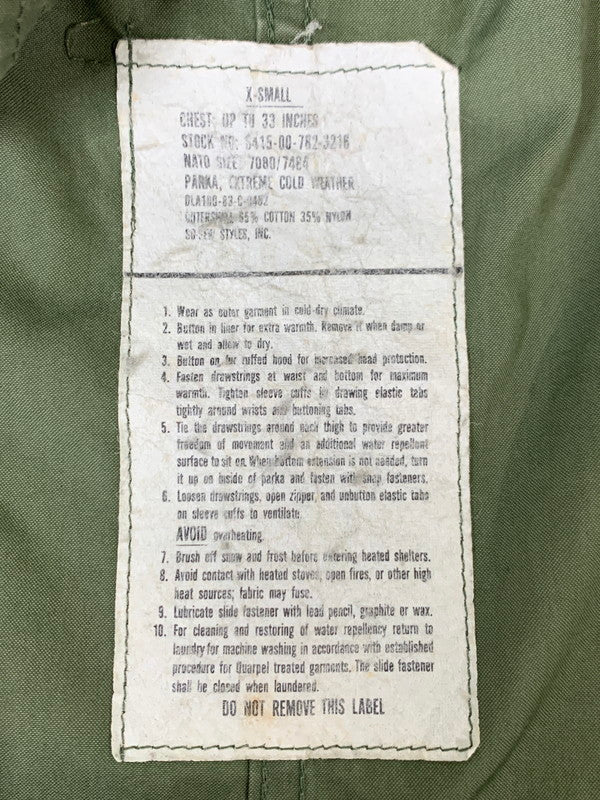 【現状渡し品】【メンズ】 U.S.ARMY アメリカ軍 M-65 FISHTAIL PARKA FULLSET M-65 フィッシュテールパーカー フルセット アウター ミリタリージャケット 146-251027-kk-43-min サイズ：EXTRA SMALL カラー：オリーブ 万代Net店