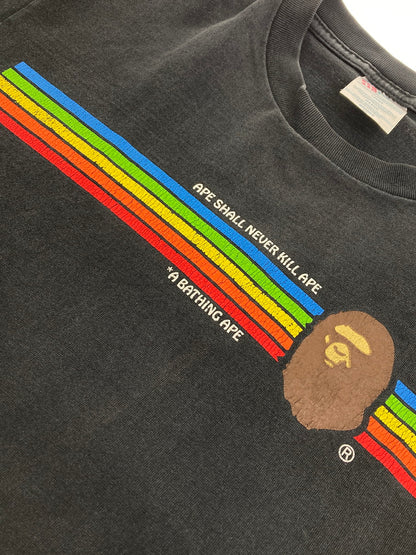 【中古品】【メンズ】 A BATHING APE アベイシングエイプ 初期HANESボディ 90S APE SHALL NEVER KILL APE Tシャツ トップス 146-251106-jt-29-min サイズ：L カラー：ブラック 色あせ 万代Net店