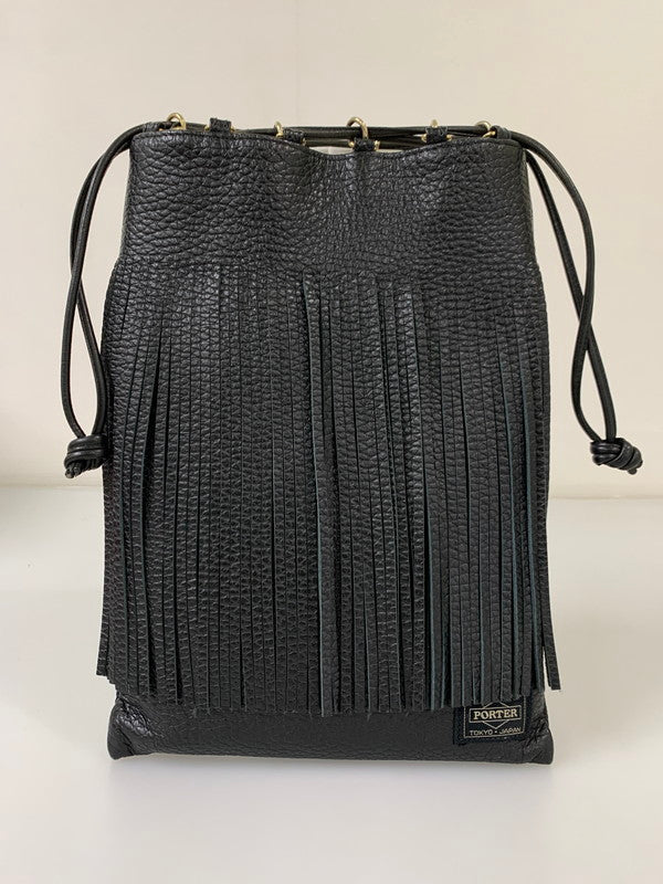 【中古品】【レディース】 PORTER ポーター × 5525 GALLERY ５５２５ギャラリー FRINGE POUCH 5525-LP10 フリンジポーチ 巾着 バッグ レザー レディース 188-251121-em-07-min カラー：ブラック 万代Net店