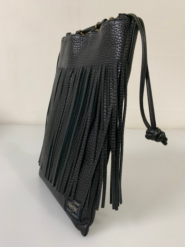 【中古品】【レディース】 PORTER ポーター × 5525 GALLERY ５５２５ギャラリー FRINGE POUCH 5525-LP10 フリンジポーチ 巾着 バッグ レザー レディース 188-251121-em-07-min カラー：ブラック 万代Net店