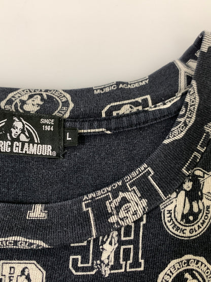 【中古品】【メンズ】 HYSTERIC GLAMOUR × DICKIES ヒステリックグラマ ディッキーズ COLLEGE-LEAGUE総柄 50周年コラボ TEE 半袖 Tシャツ ショートスリーブ 140-260812-hu-13-min サイズ：L カラー：ネイビー 万代Net店