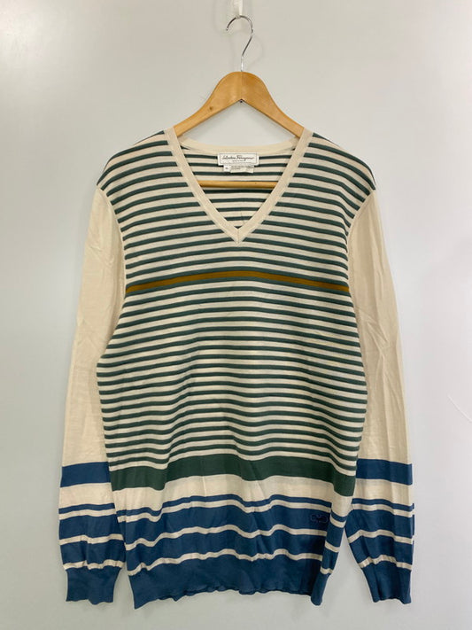 【中古品】【メンズ】 Salvatore Ferragamo サルヴァトーレフェラガモ WOOL KNIT SHIRT ウールニットシャツ トップス 141-251206-zi-01-min サイズ：XL カラー：ベージュ/グリーン/ブルー系 万代Net店