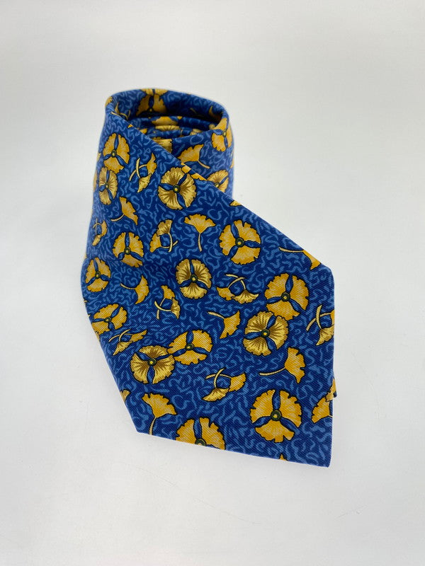 【中古品】【メンズ】 HERMES エルメス SILK TIE ネクタイ シルクタイ スーツ用小物 服飾雑貨 イチョウ ボタニカル柄 183-251209-kk-15-min カラー：ブルー 万代Net店