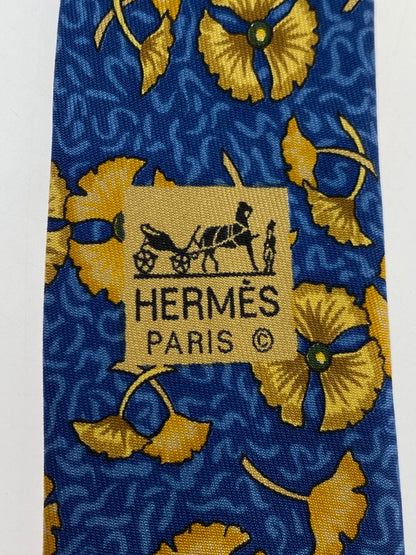 【中古品】【メンズ】 HERMES エルメス SILK TIE ネクタイ シルクタイ スーツ用小物 服飾雑貨 イチョウ ボタニカル柄 183-251209-kk-15-min カラー：ブルー 万代Net店