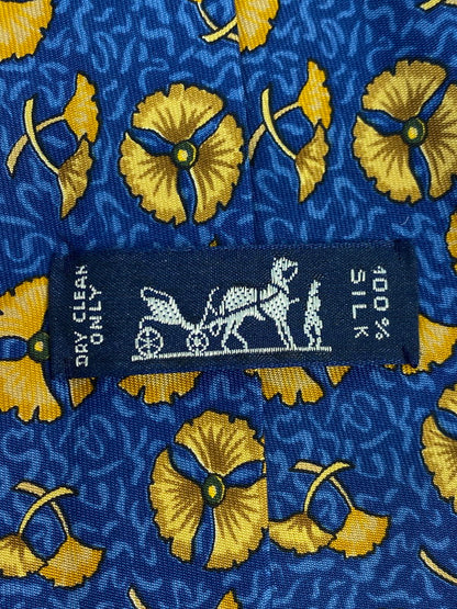 【中古品】【メンズ】 HERMES エルメス SILK TIE ネクタイ シルクタイ スーツ用小物 服飾雑貨 イチョウ ボタニカル柄 183-251209-kk-15-min カラー：ブルー 万代Net店