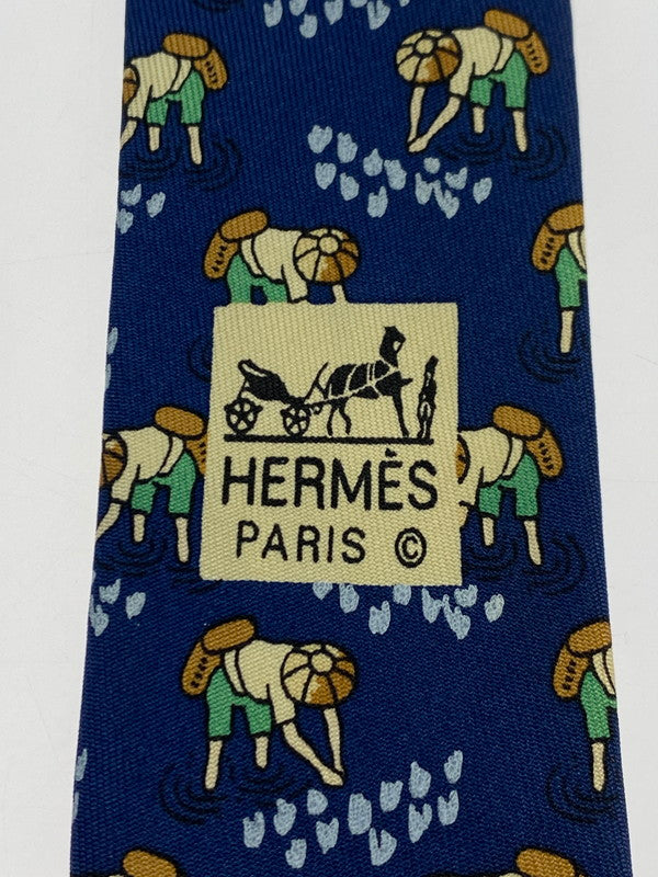 【中古品】【メンズ】 HERMES エルメス SILK TIE ネクタイ シルクタイ スーツ用小物 服飾雑貨 農業 田植え柄 183-251209-kk-19-min カラー：ネイビー 万代Net店