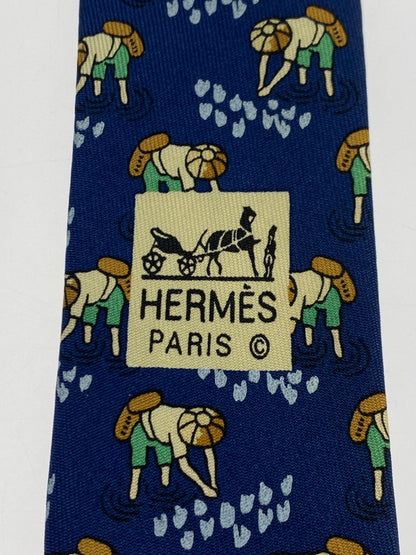 【中古品】【メンズ】 HERMES エルメス SILK TIE ネクタイ シルクタイ スーツ用小物 服飾雑貨 農業 田植え柄 183-251209-kk-19-min カラー：ネイビー 万代Net店