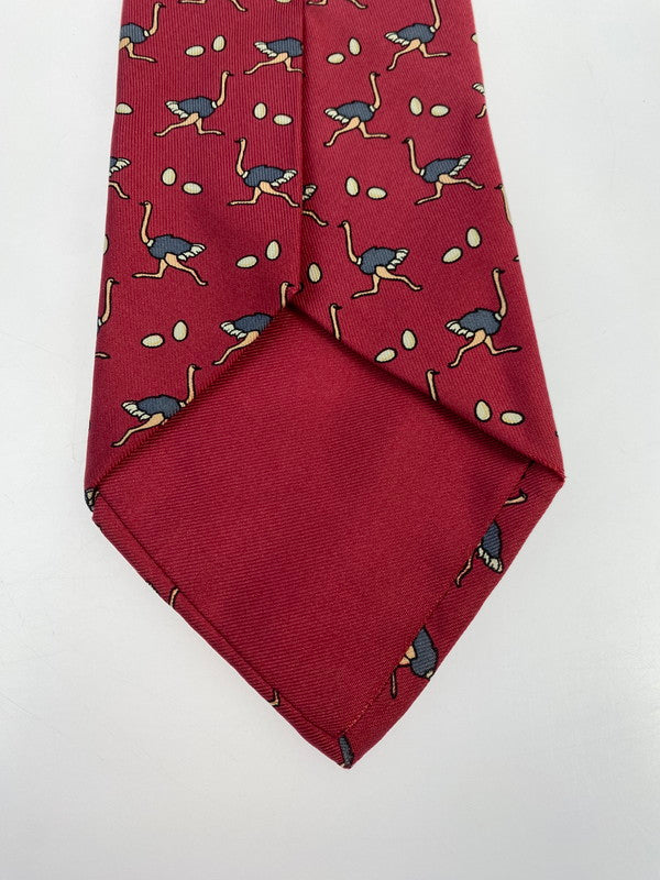 【中古品】【メンズ】 HERMES エルメス SILK TIE ネクタイ シルクタイ スーツ用小物 服飾雑貨 動物 ダチョウ柄 183-251209-kk-20-min カラー：レッド 万代Net店