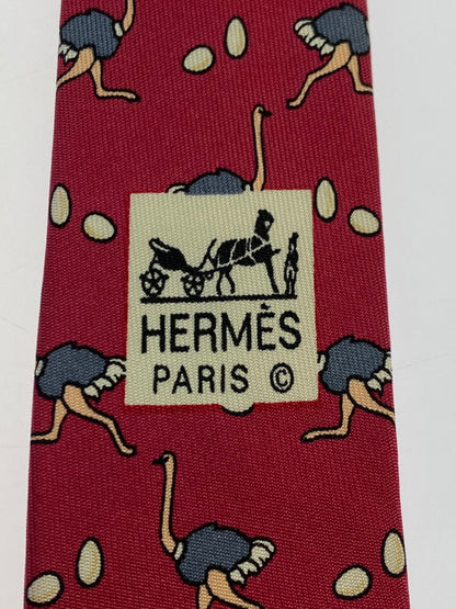 【中古品】【メンズ】 HERMES エルメス SILK TIE ネクタイ シルクタイ スーツ用小物 服飾雑貨 動物 ダチョウ柄 183-251209-kk-20-min カラー：レッド 万代Net店