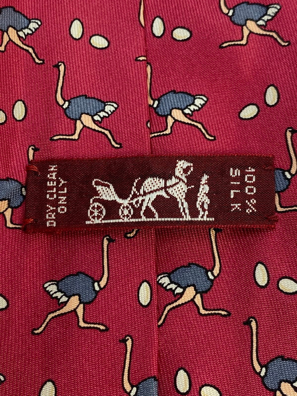 【中古品】【メンズ】 HERMES エルメス SILK TIE ネクタイ シルクタイ スーツ用小物 服飾雑貨 動物 ダチョウ柄 183-251209-kk-20-min カラー：レッド 万代Net店