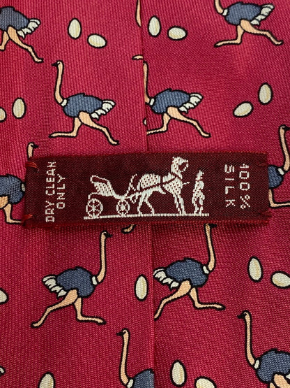 【中古品】【メンズ】 HERMES エルメス SILK TIE ネクタイ シルクタイ スーツ用小物 服飾雑貨 動物 ダチョウ柄 183-251209-kk-20-min カラー：レッド 万代Net店