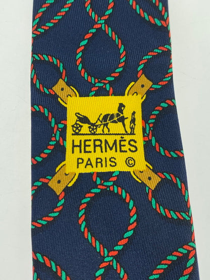 【中古品】【メンズ】 HERMES エルメス SILK TIE ネクタイ シルクタイ スーツ用小物 服飾雑貨 ファソネ ロープ柄 183-251209-kk-17-min カラー：ネイビー 万代Net店