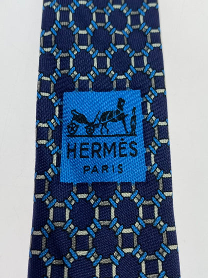 【中古品】【メンズ】 HERMES エルメス SILK TIE ネクタイ シルクタイ スーツ用小物 服飾雑貨 チェーンモチーフ柄 183-251209-kk-21-min カラー：ネイビー 万代Net店